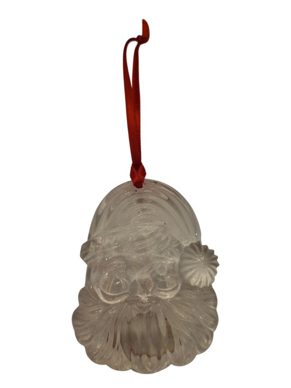 Vintage Clear Glass Santa Face Christmas Ornament Red Ribbon Holiday Decor